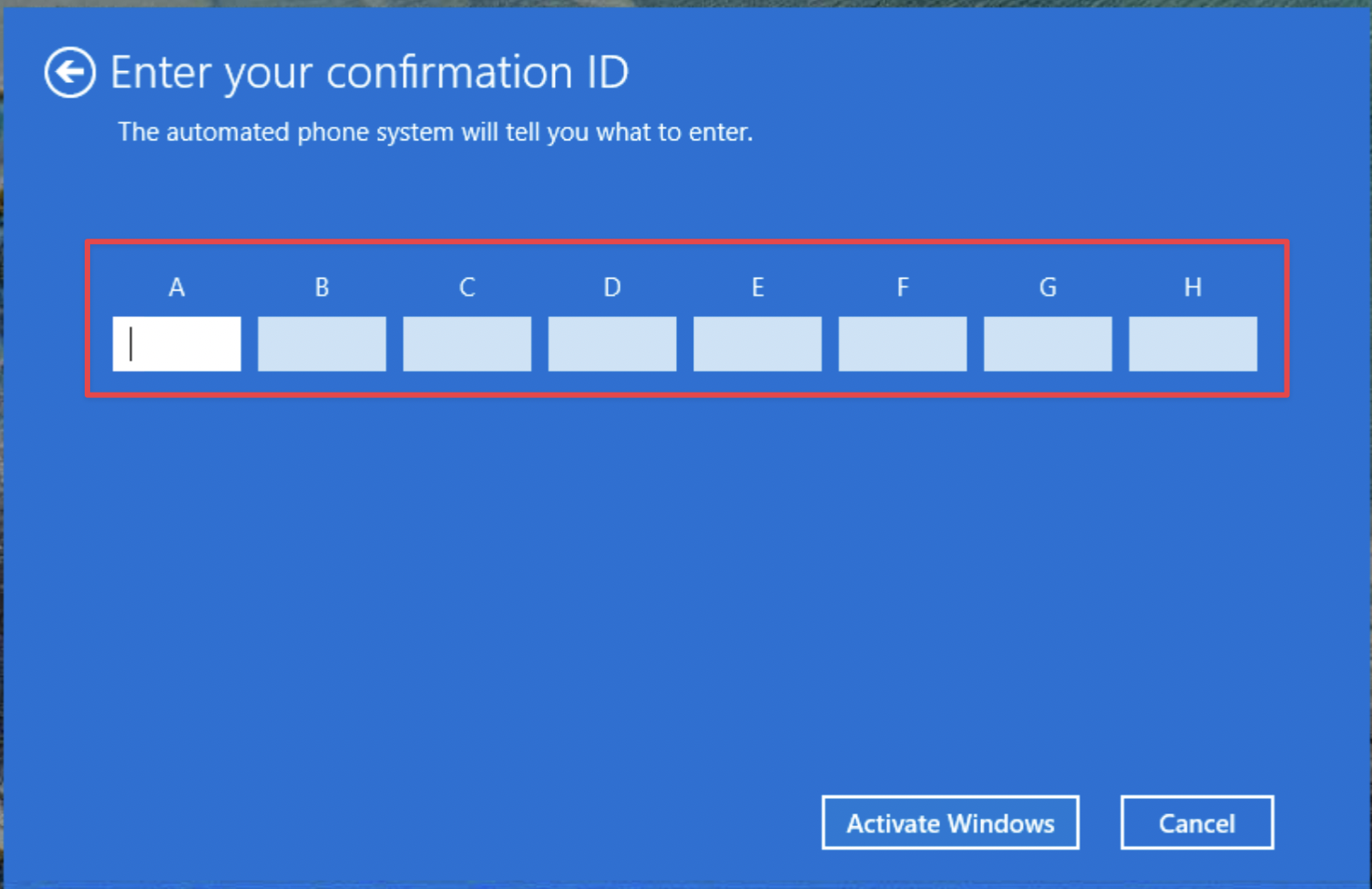 Entering confirmation into Windows